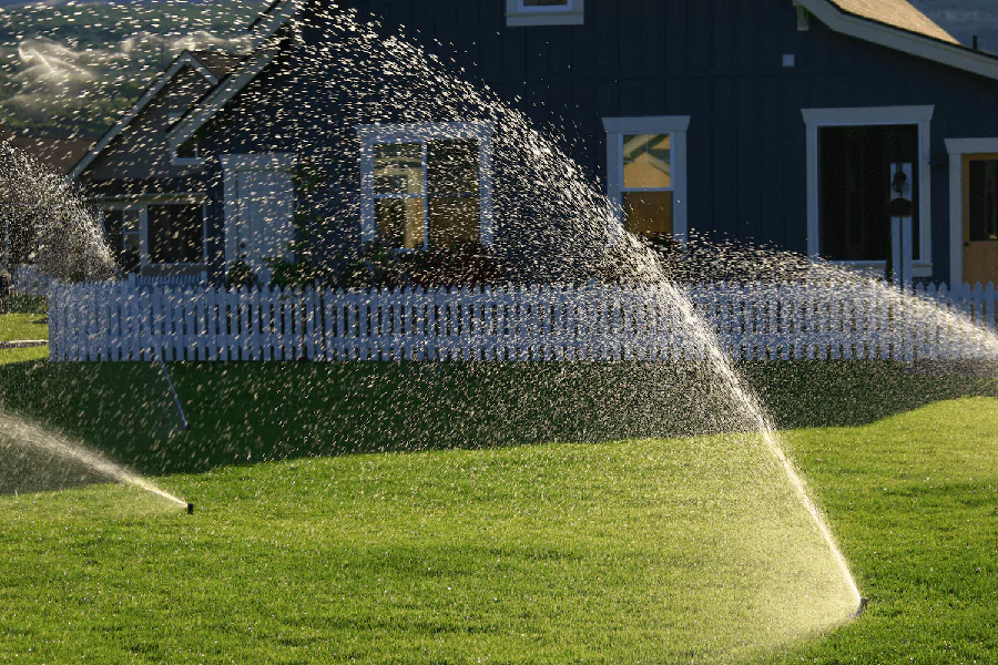 a house around a big green landscape with a sprinkler system